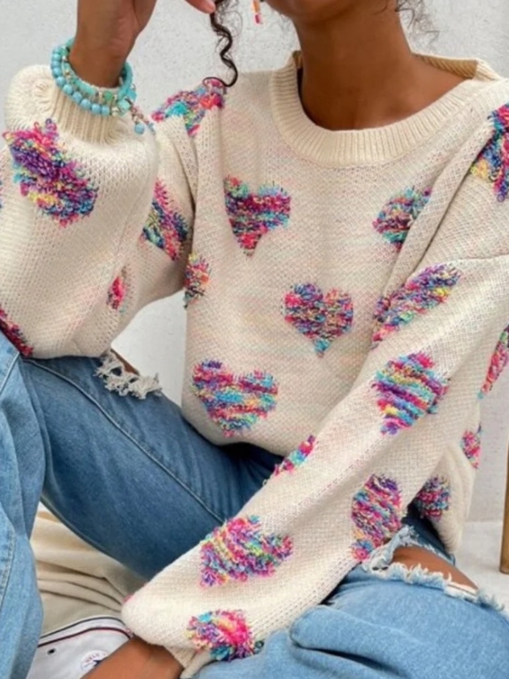 Cream Crewneck Sweater with Multicolor Heart Embroidery